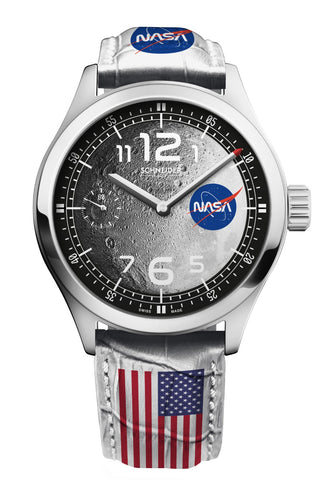 montre schneider&co de la collection nasa cadran cratère lune bracelet blanc cuir