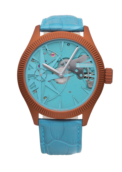 montre nautilus turquoise bracelet cuir façon croco schneider&co